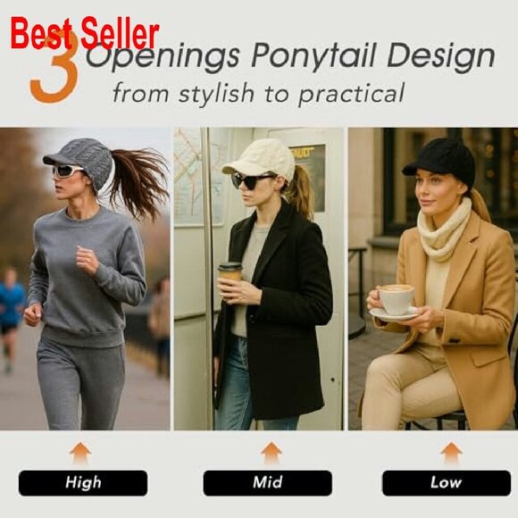 Merino Wool Visor Beanie Fleece Lined Ponytail Hat Winter Warm Windproof main image 4